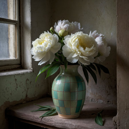 Peony in a vessel on a table near an old window, with a crumbling wall in the background. The scene appears calm and timeless.の素材