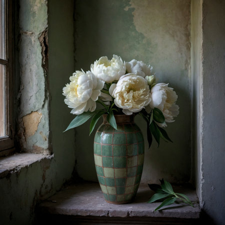 Peony in a vessel on a table near an old window, with a crumbling wall in the background. The scene appears calm and timeless.の素材