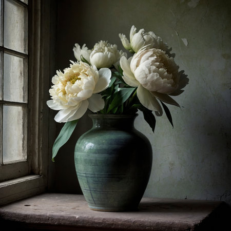 Peony in a vessel on a table near an old window, with a crumbling wall in the background. The scene appears calm and timeless.の素材