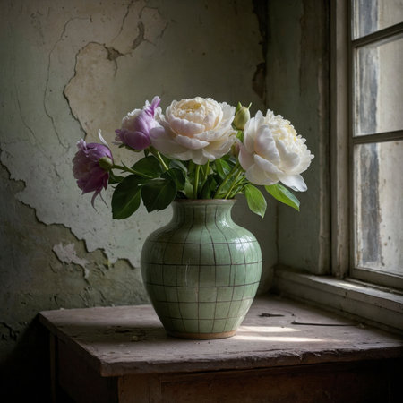 Peony in a vessel on a table near an old window, with a crumbling wall in the background. The scene appears calm and timeless.の素材
