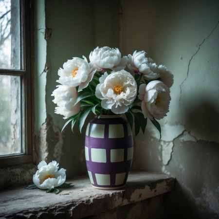Peony in a vessel on a table near an old window, with a crumbling wall in the background. The scene appears calm and timeless.の素材
