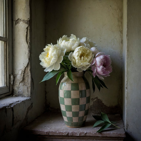Peony in a vessel on a table near an old window, with a crumbling wall in the background. The scene appears calm and timeless.の素材