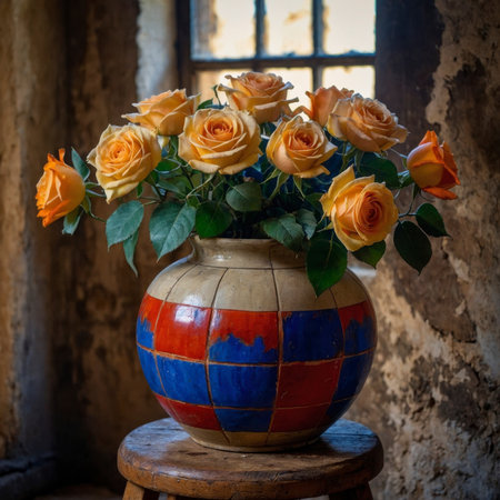 Rose in a vessel with geometric pattern, arranged on an old stool in front of a weathered wall next to a window.の素材
