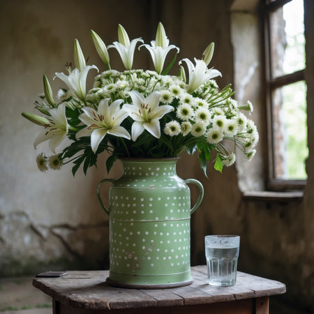 Lily in a vessel on an old wooden table, placed against a patinated wall in soft light. The delicate blossoms unfold a calm, classical effect.の素材