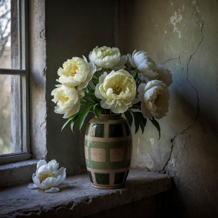 Peony in a vessel on a table near an old window, with a crumbling wall in the background. The scene appears calm and timeless.の素材