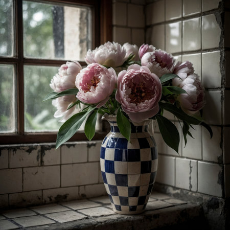An old window casts gentle light on two arrangements of peony in patterned vases. The lush bloom unfolds in a dense, romantic form, while the matte walls and weathered tiles provide a textured backdrop.の素材