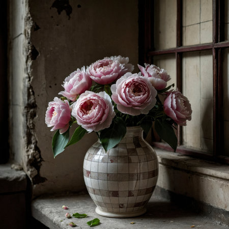 An old window casts gentle light on two arrangements of peony in patterned vases. The lush bloom unfolds in a dense, romantic form, while the matte walls and weathered tiles provide a textured backdrop.の素材