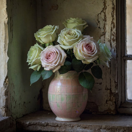 Rose in a vessel on an old wooden table, set against a stone wall and next to a window. The soft light emphasizes the blossoms and enhances the warm atmosphere of the room.の素材