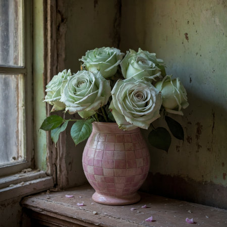 Rose in a vessel on an old wooden table, set against a stone wall and next to a window. The soft light emphasizes the blossoms and enhances the warm atmosphere of the room.の素材