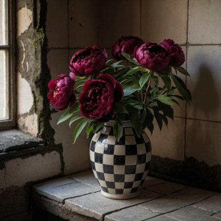 An old window casts gentle light on two arrangements of peony in patterned vases. The lush bloom unfolds in a dense, romantic form, while the matte walls and weathered tiles provide a textured backdrop.の素材