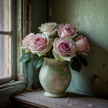 Rose in a vessel on an old wooden table, set against a stone wall and next to a window. The soft light emphasizes the blossoms and enhances the warm atmosphere of the room.の素材