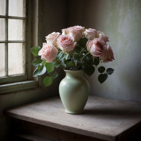 Rose in a vessel on an old wooden table, set against a stone wall and next to a window. The soft light emphasizes the blossoms and enhances the warm atmosphere of the room.の素材
