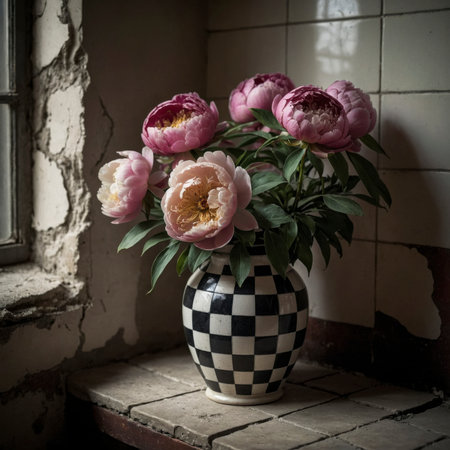 An old window casts gentle light on two arrangements of peony in patterned vases. The lush bloom unfolds in a dense, romantic form, while the matte walls and weathered tiles provide a textured backdrop.の素材