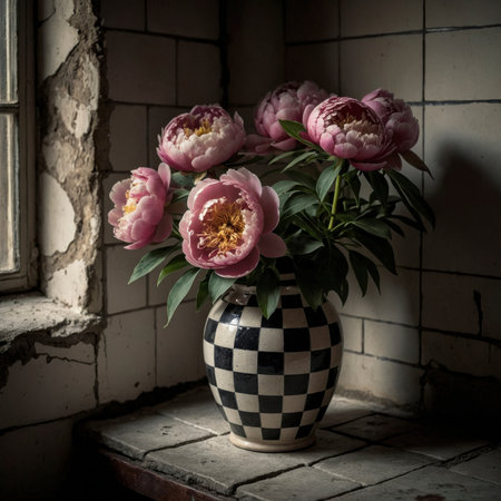 An old window casts gentle light on two arrangements of peony in patterned vases. The lush bloom unfolds in a dense, romantic form, while the matte walls and weathered tiles provide a textured backdrop.の素材