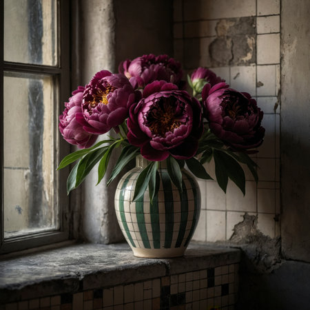 An old window casts gentle light on two arrangements of peony in patterned vases. The lush bloom unfolds in a dense, romantic form, while the matte walls and weathered tiles provide a textured backdrop.の素材