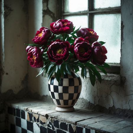 An old window casts gentle light on two arrangements of peony in patterned vases. The lush bloom unfolds in a dense, romantic form, while the matte walls and weathered tiles provide a textured backdrop.の素材