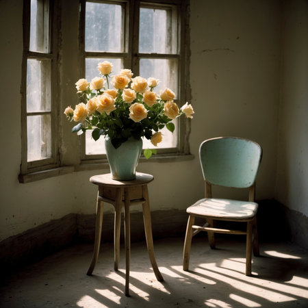 An arrangement of roses is placed in a patterned vessel on an old chair near a window. The worn background with peeling wall paint and the incoming light create a nostalgic and tranquil atmosphere.の素材