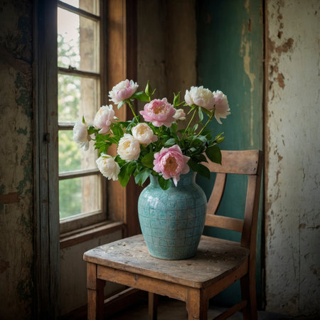 A serene arrangement with lush peony placed in a vase by the window. The soft light highlights the blossoms, enhancing the calm and nostalgic atmosphere of the aged room.の素材