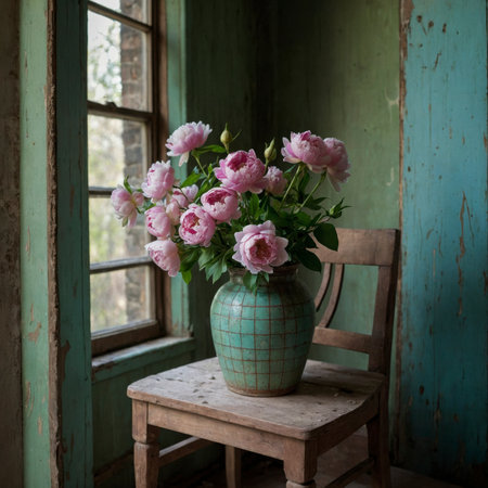A serene arrangement with lush peony placed in a vase by the window. The soft light highlights the blossoms, enhancing the calm and nostalgic atmosphere of the aged room.の素材