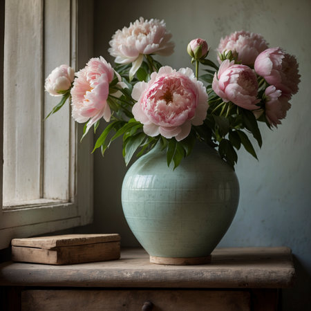 A serene arrangement with lush peony placed in a vase by the window. The soft light highlights the blossoms, enhancing the calm and nostalgic atmosphere of the aged room.の素材