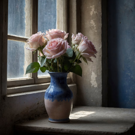 A rose arrangement is placed in a vase on a windowsill. The incoming light emphasizes the delicate blossoms, creating a calm, nostalgic atmosphere in the aged room.の素材