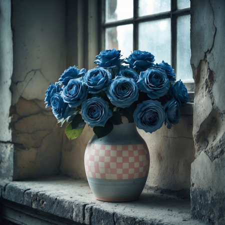 A rose arrangement is placed in a vase on a windowsill. The incoming light emphasizes the delicate blossoms, creating a calm, nostalgic atmosphere in the aged room.の素材