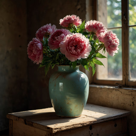 A serene arrangement with lush peony placed in a vase by the window. The soft light highlights the blossoms, enhancing the calm and nostalgic atmosphere of the aged room.の素材