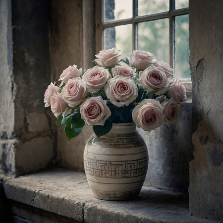 A rose arrangement is placed in a vase on a windowsill. The incoming light emphasizes the delicate blossoms, creating a calm, nostalgic atmosphere in the aged room.の素材