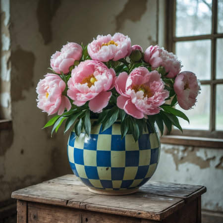 A serene arrangement with lush peony placed in a vase by the window. The soft light highlights the blossoms, enhancing the calm and nostalgic atmosphere of the aged room.の素材