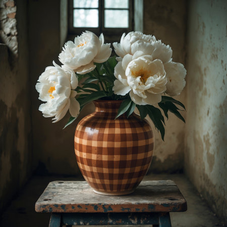 A peony is placed in a vase on an old wooden table by the window. The soft light highlights the texture of the blossom and enhances the calm, timeless mood of the room.の素材