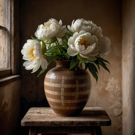 A peony is placed in a vase on an old wooden table by the window. The soft light highlights the texture of the blossom and enhances the calm, timeless mood of the room.の素材