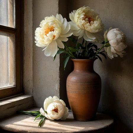 A peony is placed in a vase on an old wooden table by the window. The soft light highlights the texture of the blossom and enhances the calm, timeless mood of the room.の素材