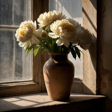 A peony is placed in a vase on an old wooden table by the window. The soft light highlights the texture of the blossom and enhances the calm, timeless mood of the room.の素材