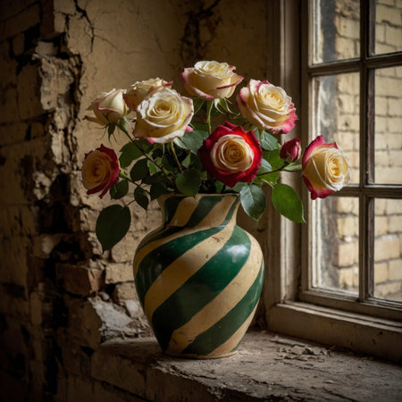 Roses are placed in a vase on an old windowsill. The window light emphasizes the texture of the blossoms and the weathered surface of the room.の素材