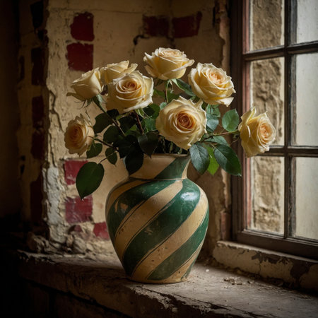 Roses are placed in a vase on an old windowsill. The window light emphasizes the texture of the blossoms and the weathered surface of the room.の素材