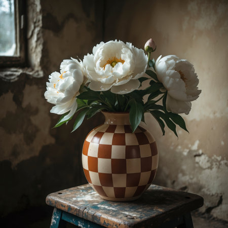 A peony is placed in a vase on an old wooden table by the window. The soft light highlights the texture of the blossom and enhances the calm, timeless mood of the room.の素材