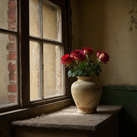 Roses are placed in a vase on an old windowsill. The window light emphasizes the texture of the blossoms and the weathered surface of the room.の素材