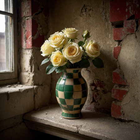 Roses are placed in a vase on an old windowsill. The window light emphasizes the texture of the blossoms and the weathered surface of the room.の素材