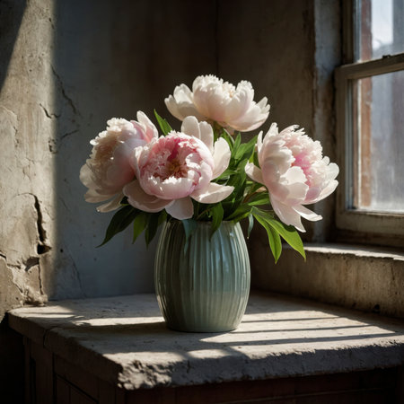 An arrangement of peony in a vase on a windowsill, illuminated by soft light in an aged interior, creating a calm and timeless atmosphere.の素材