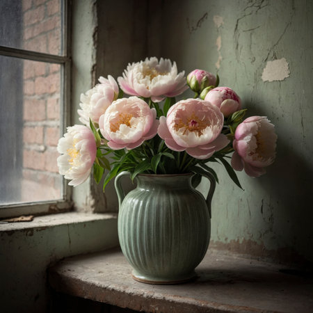 An arrangement of peony in a vase on a windowsill, illuminated by soft light in an aged interior, creating a calm and timeless atmosphere.の素材