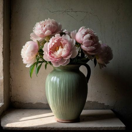 An arrangement of peony in a vase on a windowsill, illuminated by soft light in an aged interior, creating a calm and timeless atmosphere.の素材