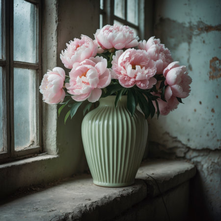 An arrangement of peony in a vase on a windowsill, illuminated by soft light in an aged interior, creating a calm and timeless atmosphere.の素材
