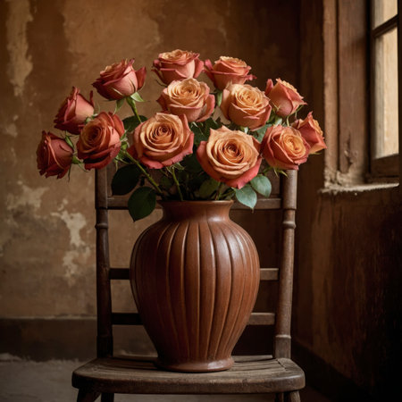 An arrangement of roses in a ribbed vase placed on an old chair, set next to a weathered window and aged wall.の素材