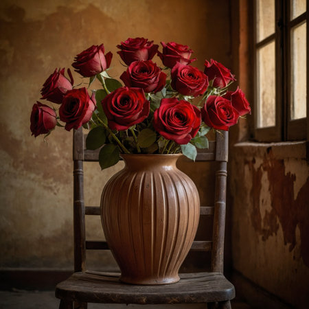 An arrangement of roses in a ribbed vase placed on an old chair, set next to a weathered window and aged wall.の素材