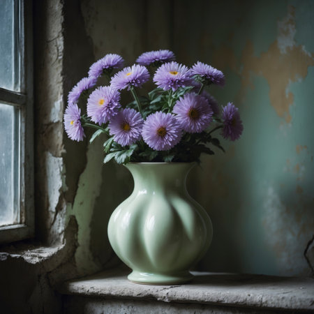 An arrangement of asters in a curved vase on a windowsill, set against a weathered wall with peeling paint.の素材
