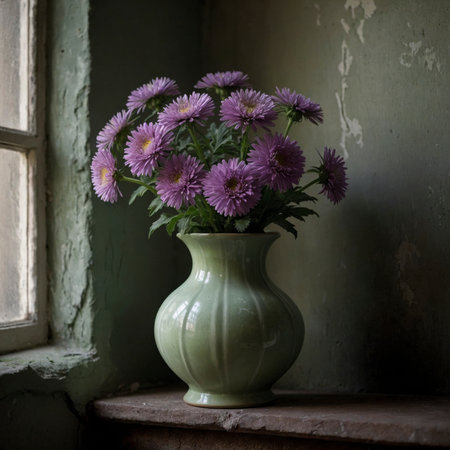 An arrangement of asters in a curved vase on a windowsill, set against a weathered wall with peeling paint.の素材