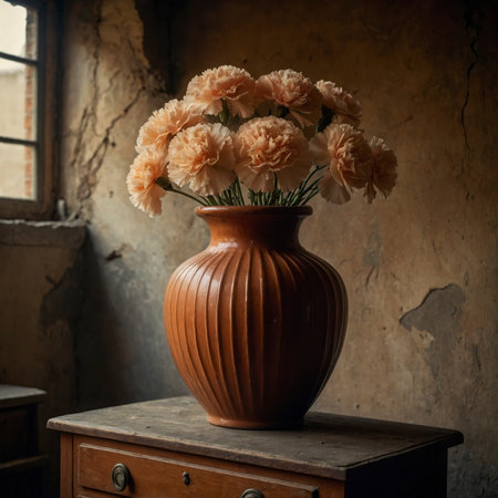 An arrangement of carnations in a vase on a windowsill, surrounded by aged wood and stone.の素材