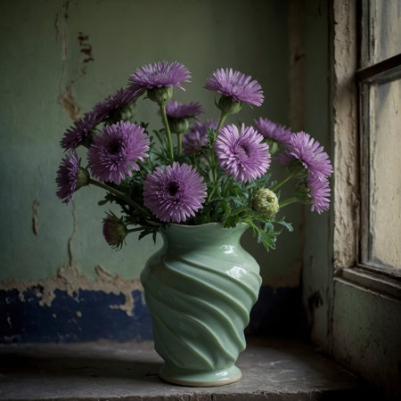 An arrangement of asters in a curved vase on a windowsill, set against a weathered wall with peeling paint.の素材