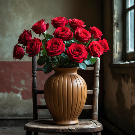 An arrangement of roses in a ribbed vase placed on an old chair, set next to a weathered window and aged wall.の素材