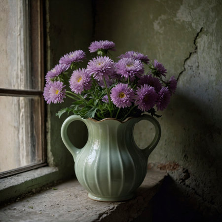 An arrangement of asters in a curved vase on a windowsill, set against a weathered wall with peeling paint.の素材